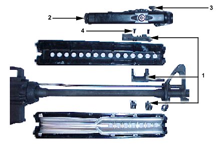 Figure 2-31. Mounting the AN/PEQ-2A to the M16A1/A2/A3 rifle and M4 carbine.